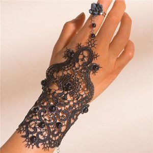 Asphire Gothic Black Lace Bracelet with Finger Ring Flower Gemstone Teardrop